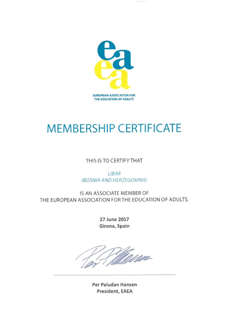 membership certificate EAEA Bruxelles i Privatna škola Libar